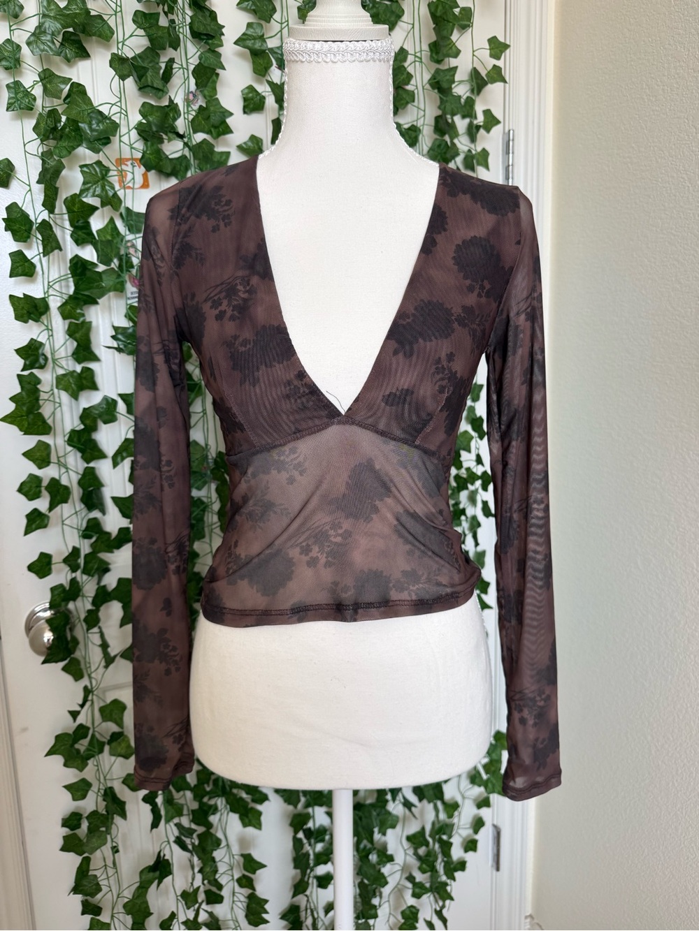 Brown Floral Sheer Deep V-Neck Long Sleeve Top
